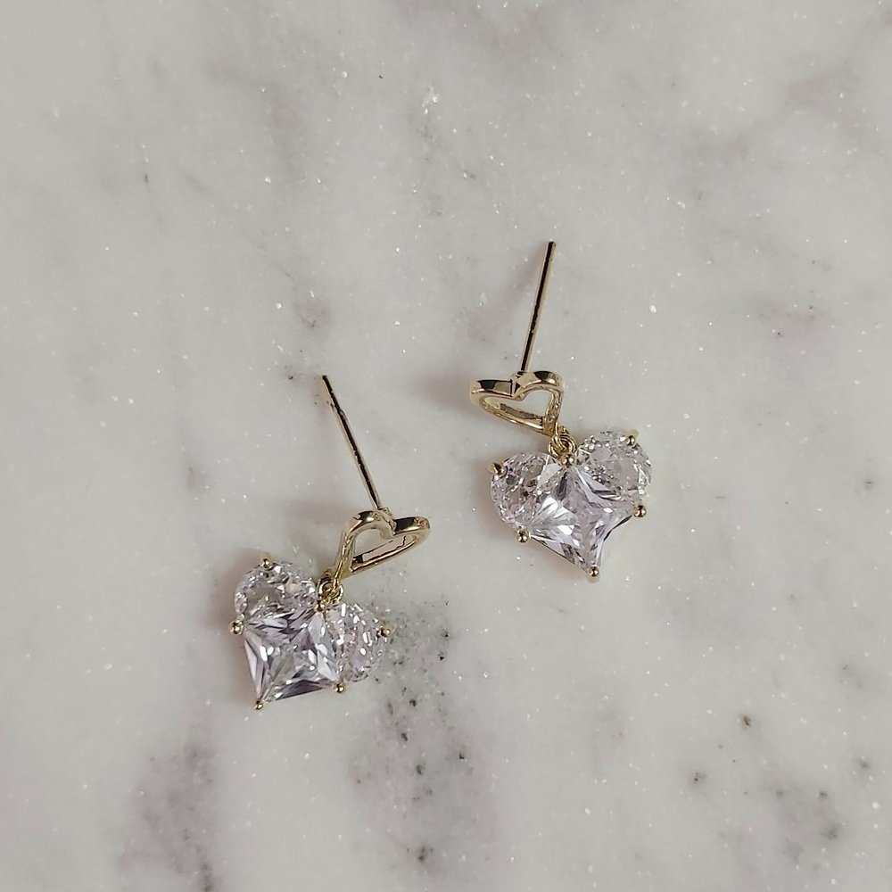 14kt gold plated crystal heart drop earrings NEW - Picture 5 of 8